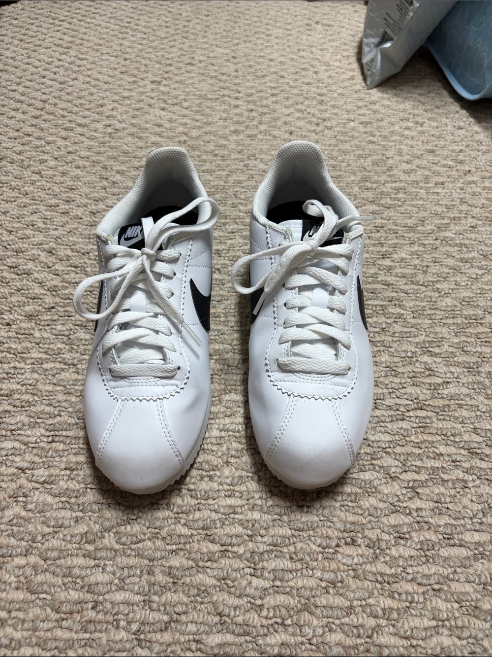 Nike White Leather Cortez Sneakers with Black Swoosh - Picture 2 of 6
